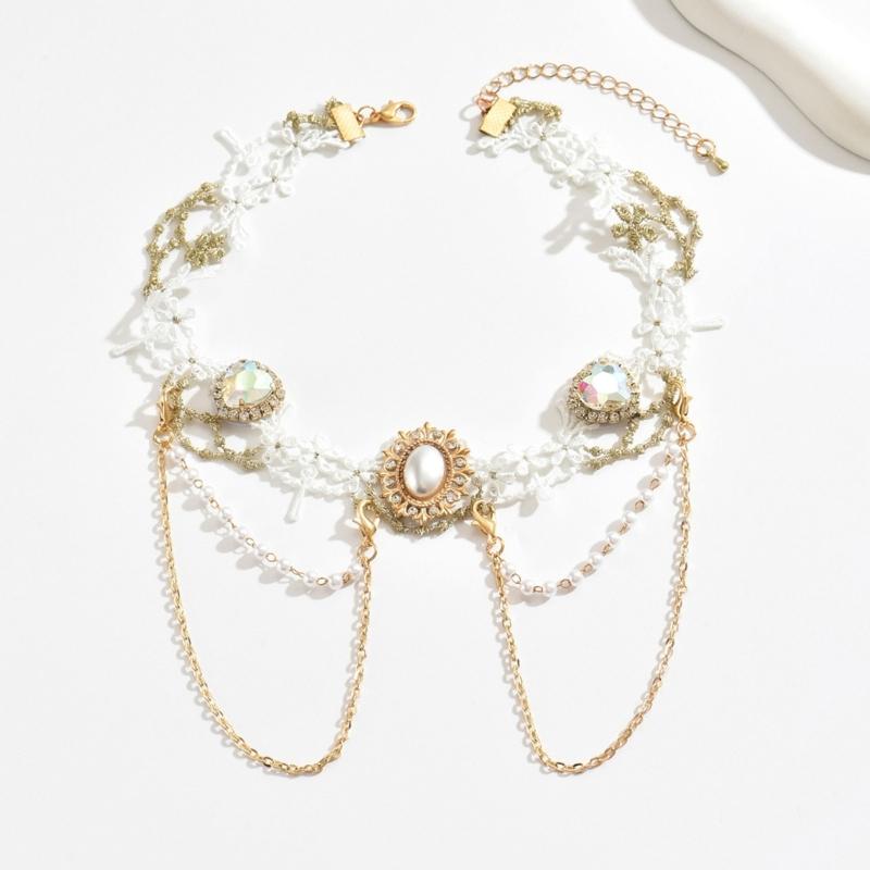 Stylish White Lace Collar Necklace Polyester Alloy Pearls Collarbone Chain Jewelry For Retro Look Any Occasion