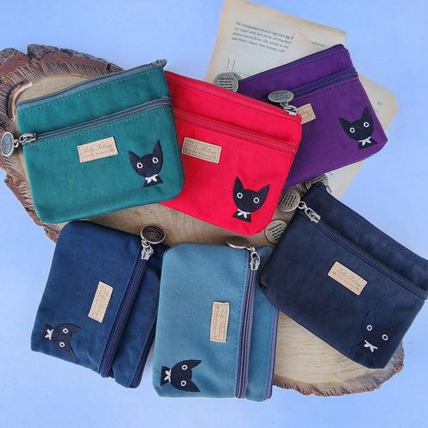 Porte-monnaie zippé en nylon avec broderie de joli chat, pochette pour cartes