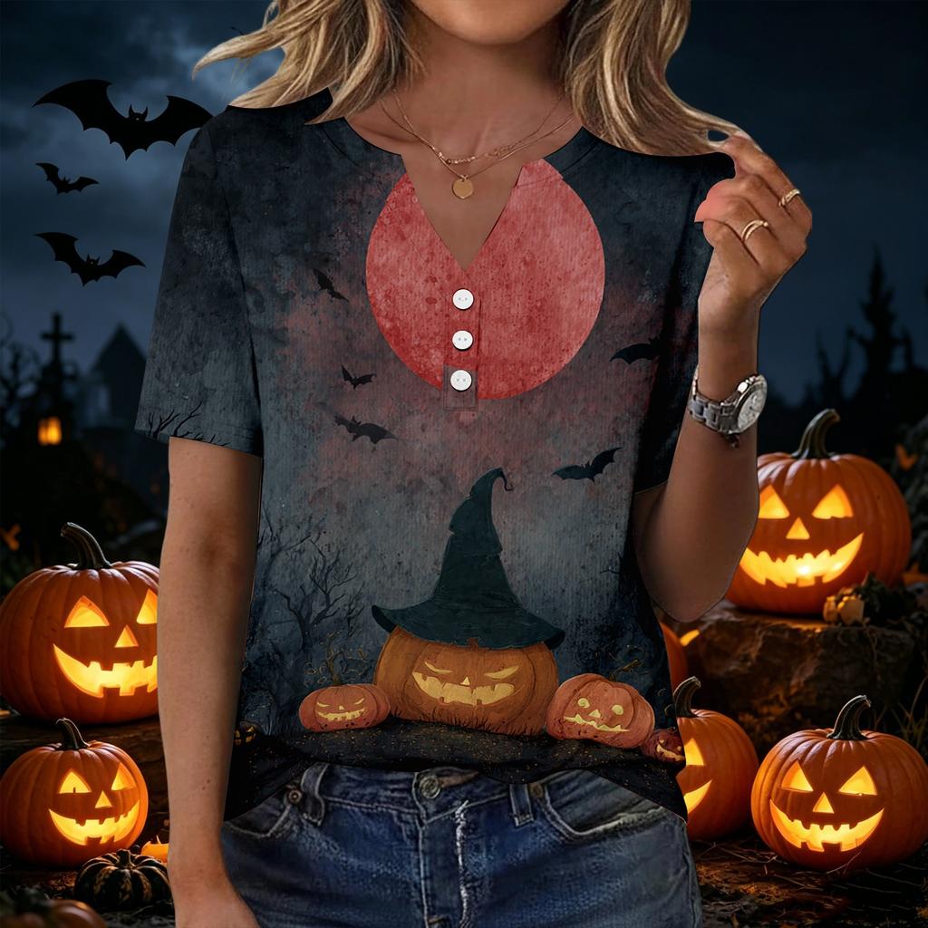 Womens Halloween Print V Neck Short Sleeve Button T Shirt Casual Loose Fit Top with Pumpkin and Bat Design Suitable for Daily Wear