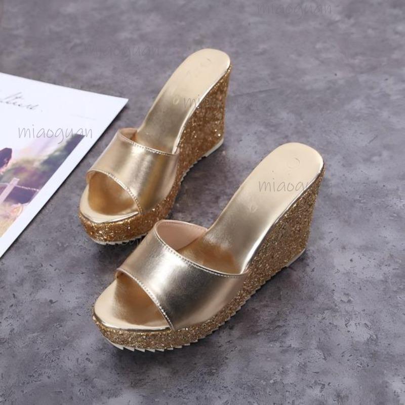 Dames Zomer Mode Schoenen Dikke Zool Platform Sandalen Goud Zilver Pailletten Bling Trendy Slippers Maat 34 Pantuflas Mujer