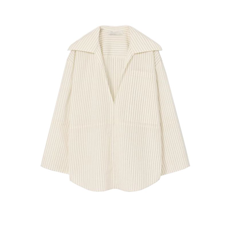 Summer Women's Clothing Casual Style Stickers Pocket Decoration Cotton Striped Slit Lapel Long Sleeve Shirt Tops 5691100