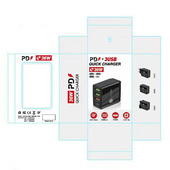 4A Multi-Port PD20W + 2.4A 3-USB Charger European, American and British Adapter