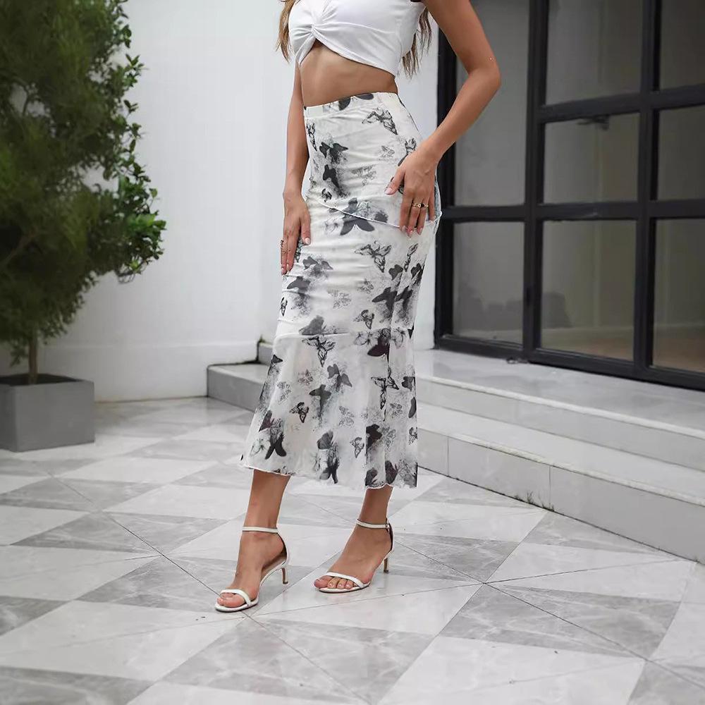 Summer 2024 Mesh Print Double-Layer Fishtail Skirt