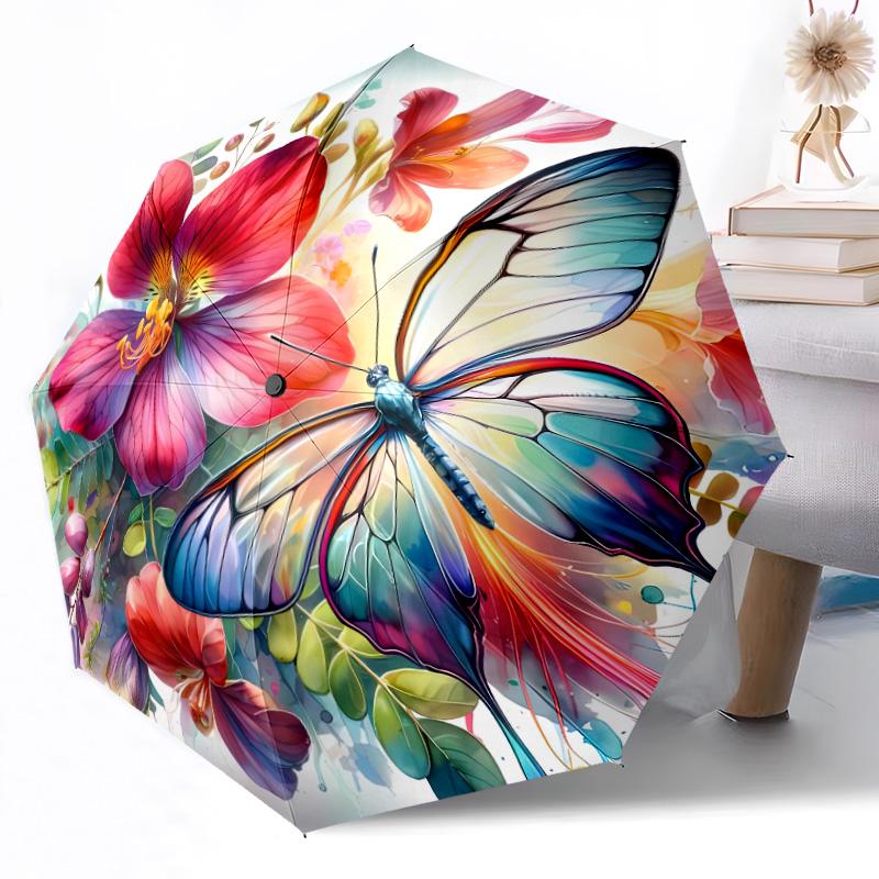 1pc Purple Butterfly Garden Automatic Umbrella with 8 Rib Sturdy Construction All Season Women's Umbrella for Travel Fashion Lovers Birthday Y10