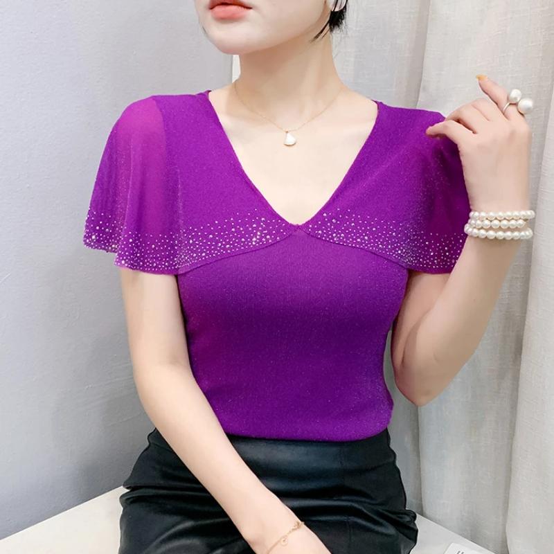 New European Women's T-Shirt Clothes Sexy V-Neck Chic Ruffles Hot Diamonds Tops Shirts Summer Short Sleeve Slim Mesh Tees