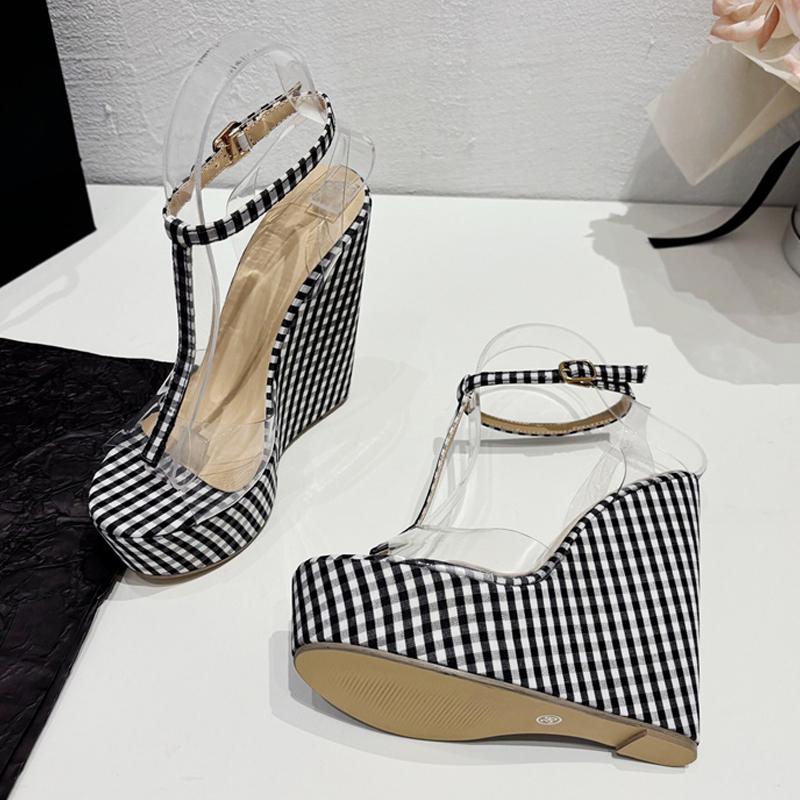 Liyke Sommer PVC Transparent Damen Keilsandalen Mode Schwarz Weiß Gitter Plateau High Heels Sexy Offene Zehen Party Kleiderschuhe
