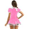 Women's French Maid Cosplay Costume Outfits Shiny Patent Leather Dress and Neck Ring