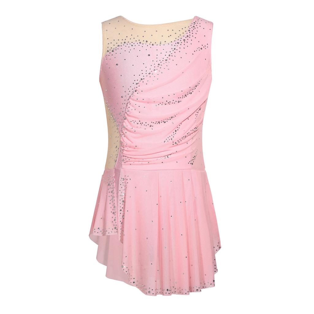 Girls Figure Skating Dress Sleeveless Sparkly Rhinestones Ruched Mesh Built In Briefs Dancewear