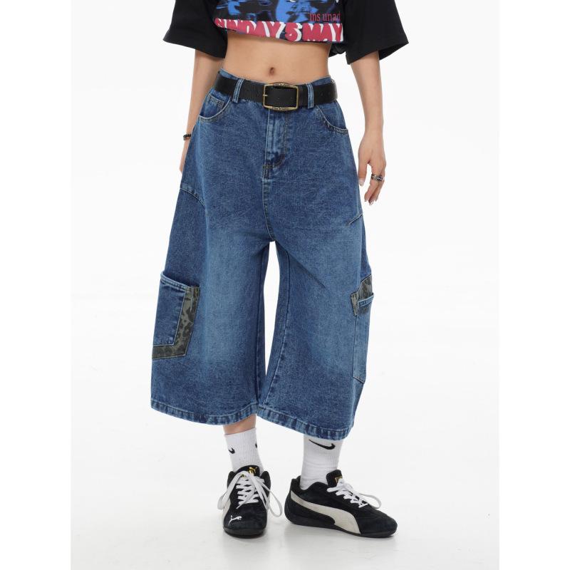 Men's Retro Leopard Patchwork Wide-Leg Jeans - Washed Scimitar Design, Spring/Autumn Style