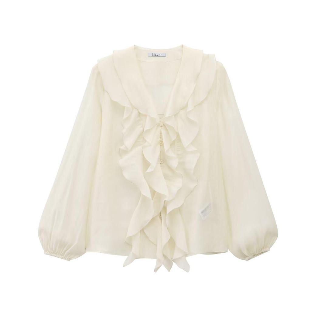 2025 Spring Casual Layered Puff Sleeve V-Neck Blouse