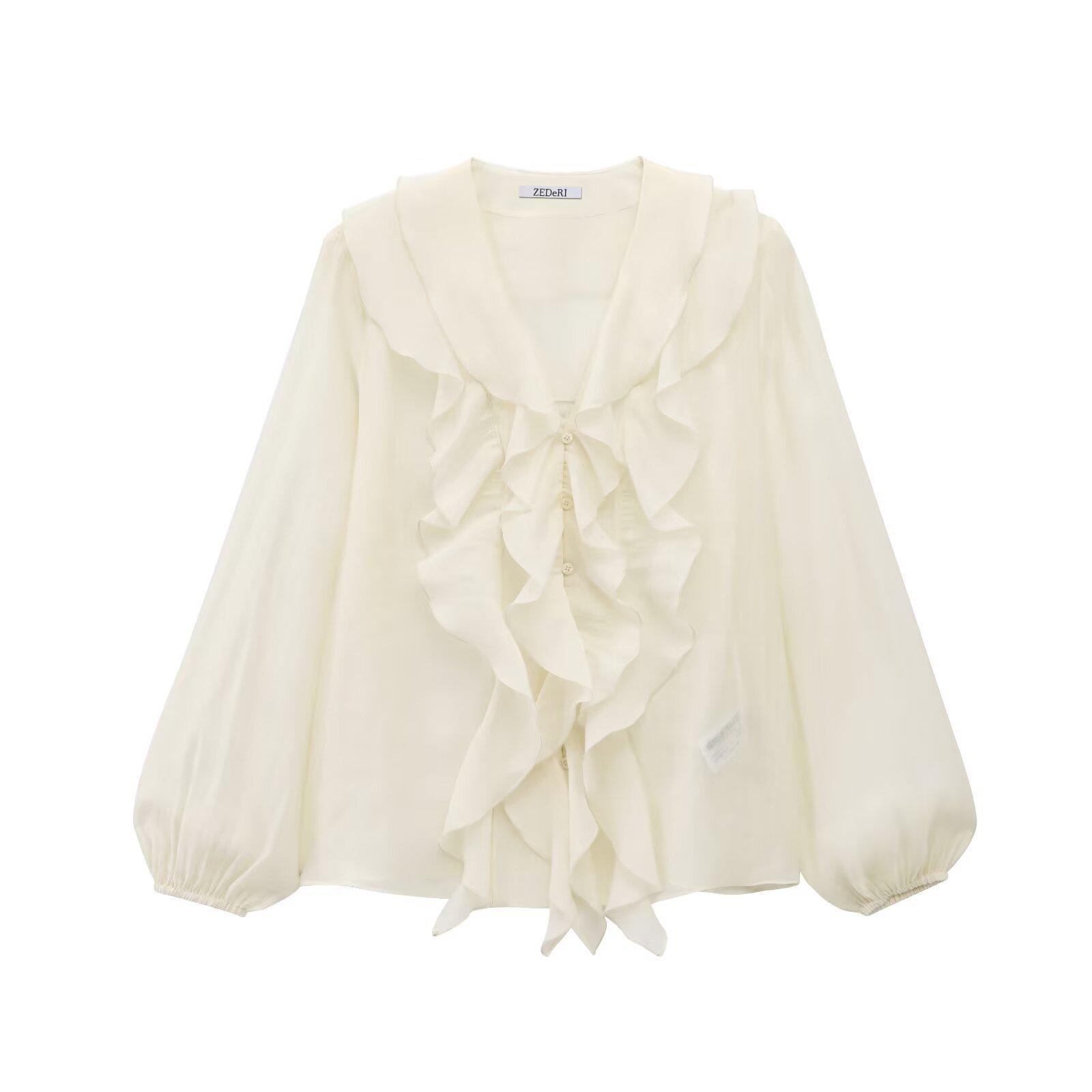 

Весна 2025 Повседневная многослойная блузка с V-образным вырезом и рукавами-буфами Medium грязно-белый