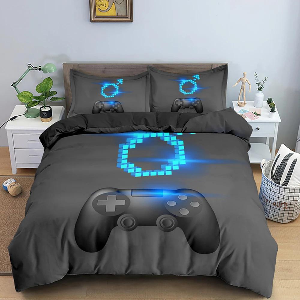 Gaming Gamer Duvet Cover Set Gamepad Bedding Set,Video Game Comforter Cover Neon Gamepad Geometry Brick Wall Design Quilt Cover
