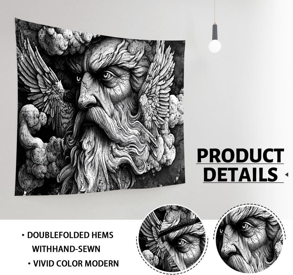 Mythical Bearded Man Black White Tapestry, Winged Divine Face Vintage Decorative Wall Hanging, Ethereal Tapestries Aesthetic for