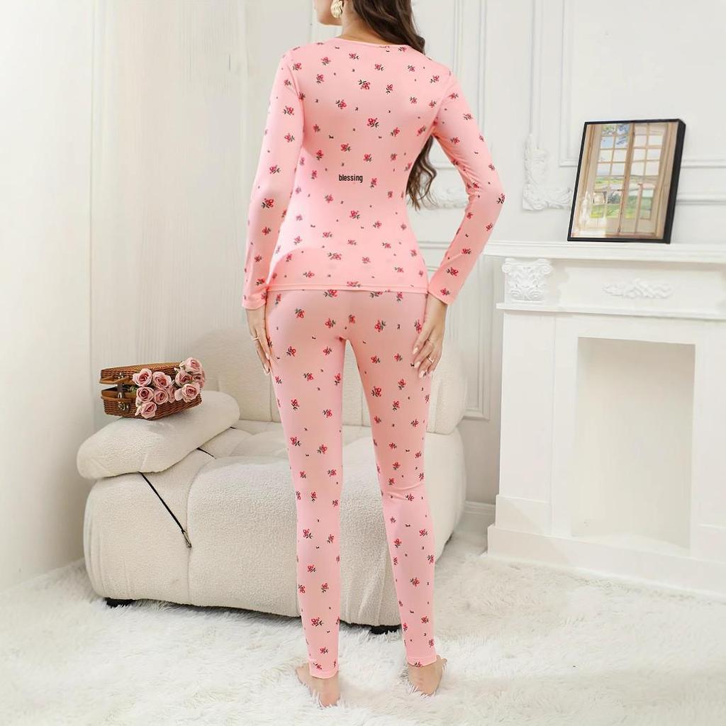 Schlankmachendes elastisches Pyjama-Set für Damen - Bedrucktes Langarm-Oberteil & Lange Hose im europäischen & amerikanischen Stil