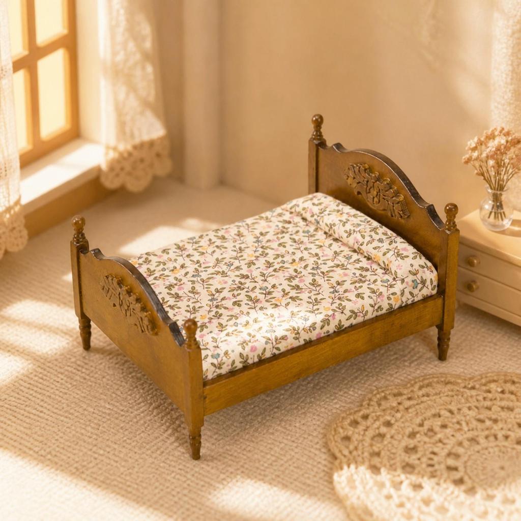 Ornate Carved Miniature Bed Realistic 1:12 Scale Dollhouse Double Handmade