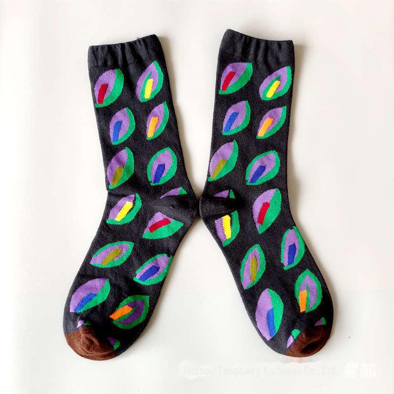 Șosete la modă cu pictură în ulei franceză: Șosete de vițel colorate, cu tub mediu-înalt, de nișă, la modă pentru femei