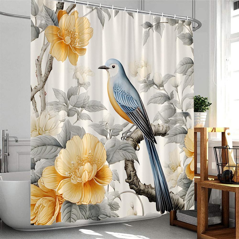 Birds Shower Curtain Elegant Home Decor For Bathroom Flowers Blossom Branched Floral Pink Polyester Bathtub Curtain With Hooks