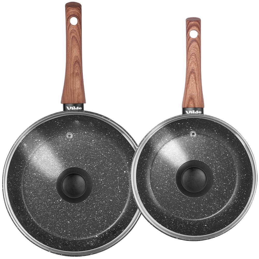 Set Of Granite Frying Pans With Glass Lids Black&Wood 20/24 Cm 2 Pcs.