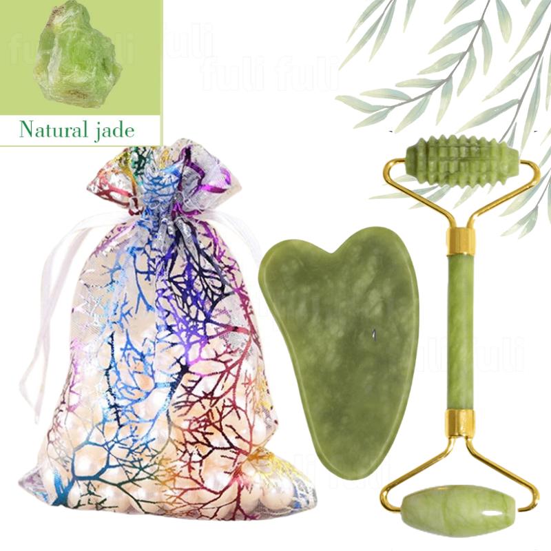 2PCS 100% Rose Stone Guasha Set Facial Roller Stone Board Massager Face Slimming Body Relax Massager Acupuncture Scraper Plate