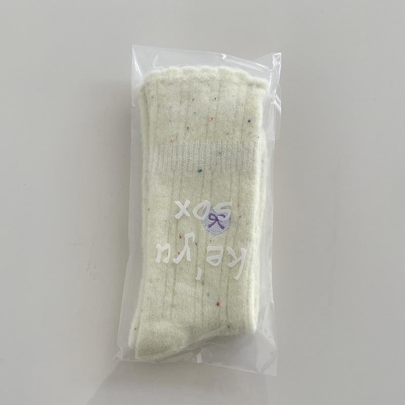 SP&CITY Korean Cartoon Embroidery Wool Socks Women's White Bow Stripe Plush Middle Tube Socks Winter Breathable Thickned Socks