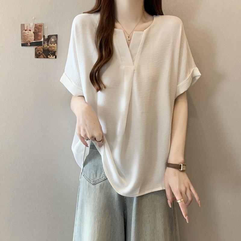 Women Casual V Neck Short Sleeve Loose Fit Solid Color Blouse