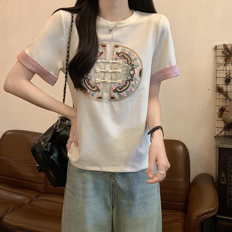 New Chinese style embroidered button-down short-sleeved t-shirt women s summer new American retro crew neck shirt top S белый