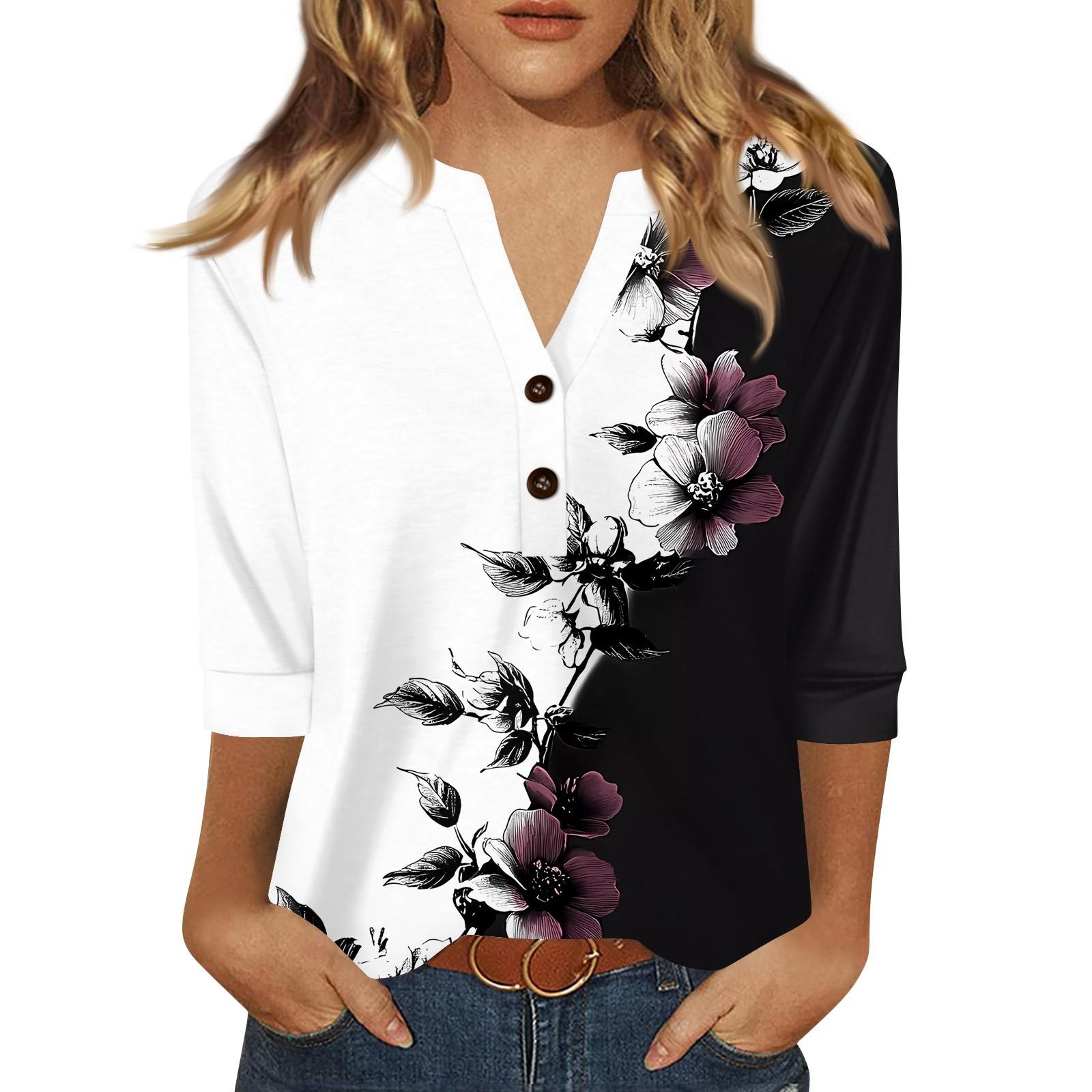 

Жен. Футболка С принтом Пуговицы Рукав 3/4 Повседневные Выходные Мода Классический Классический V-образный вырез Обычный Верх XL белый