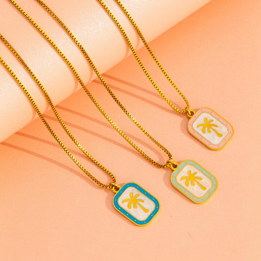 Tropical Coconut Tree Pendant Necklace for Women - Cold Enamel on 18K Gold Plated Stainless Steel, Hypoallergenic Beach Jewelry