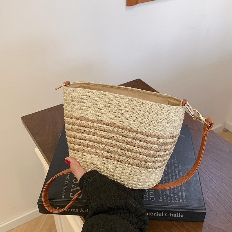 Striped Woven Small Bag Women's 2025 New Trendy Fashion Straw Woven Bucket Bag Summer Seaside Vacation Beach Bag