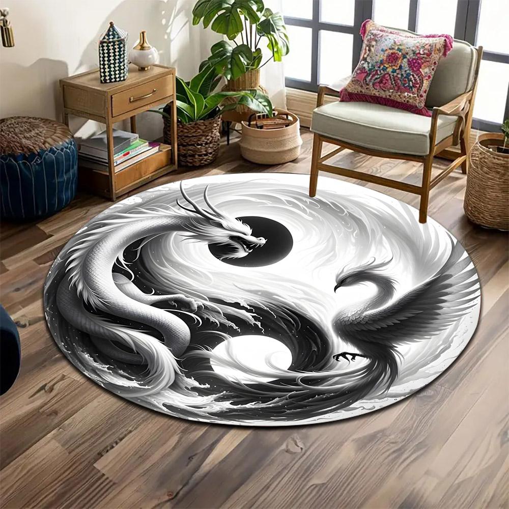 Dragon and Phoenix Yin-Yang Design Print round rug, living room, bedroom, playroom carpet, non slip floor mat, gift