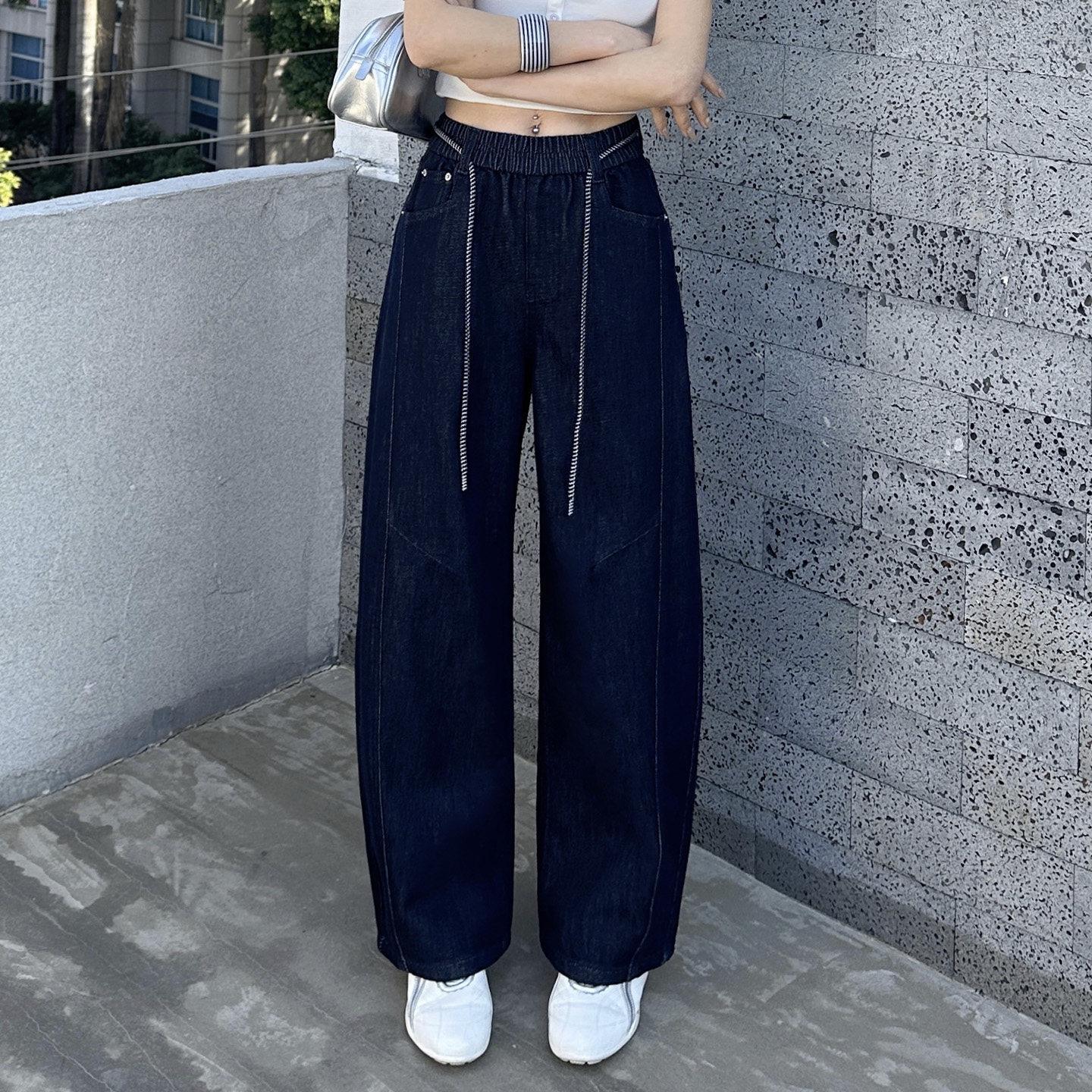 

Women s Spring 2026 Retro Denim Blue Lace-Up Wide-Leg Jeans - Elastic Waist, Loose Fit, Slimming Casual Pants 27 джинсовый синий