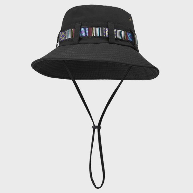 

9234 Spring and Summer Fashion Outdoor Bucket Hat Men s and Women s Ribbon Fishing Climbing Hat Big Brim Sun Protection Sun Hat Black