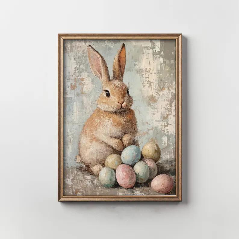 Spring Prints, Set of 6 Spring Gallery Wall Art,Vintage Easter Bunny Painting, Farmhouse Easter Paintings,Farmhouse Poster Decor