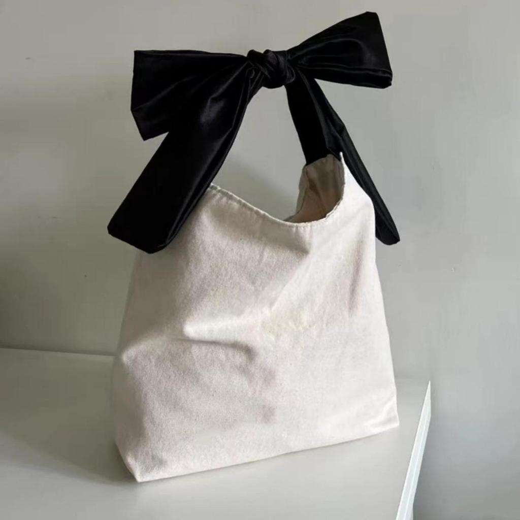 Korean Style 2025 Spring Bow Canvas Shoulder Tote - Large Capacity