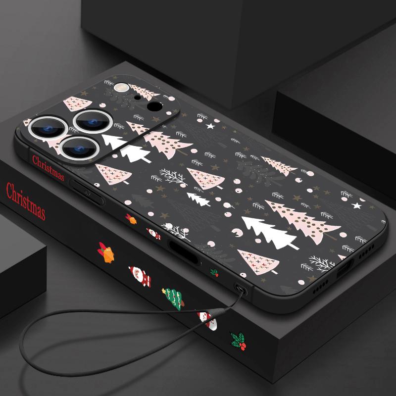 Cute Christmas Tree Pattern TPU Soft Silicone Case For iPhone 17 Pro Max 16E 16 15 14 13 Pro Max 12 Pro 11 Shockproof With Lanyard Phone Cover Fundas