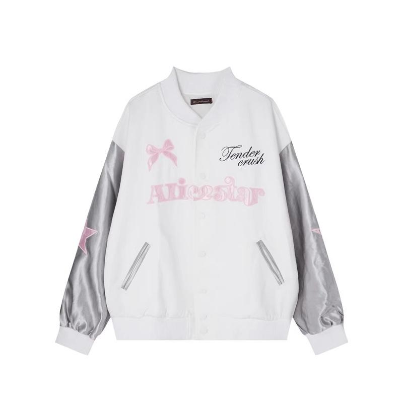 

Бейсбольная куртка с вышивкой в виде банта в стиле колор-блок - Милый и крутой корейский стиль для женщин 2XL белый