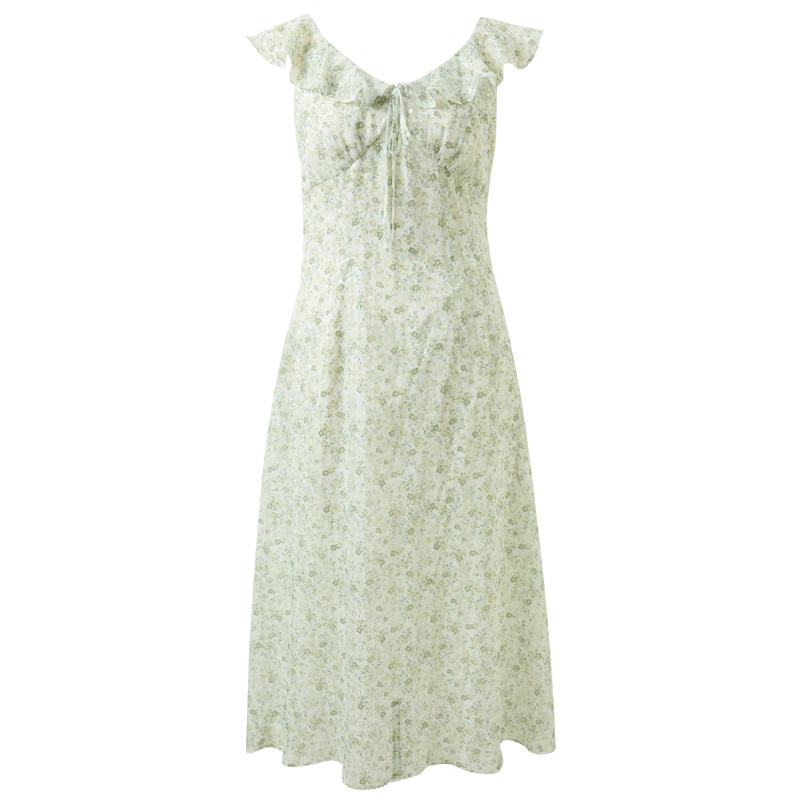 Sancai Women s Resort Floral Chiffon V-Neck Maxi Dress S