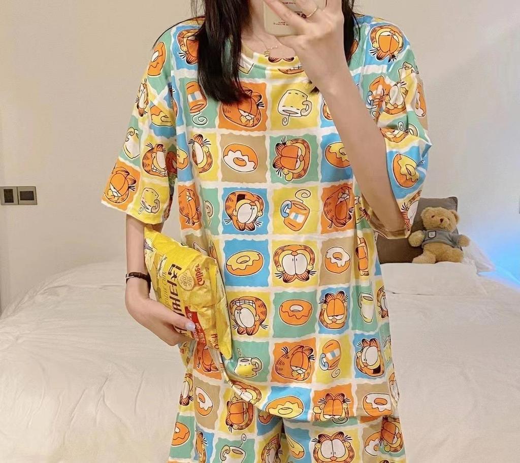 Women's Plus Size Summer Cartoon Pajama Set - Cute Donald Duck Short Sleeve Homewear