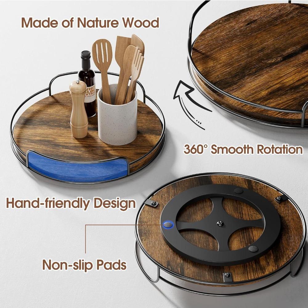 2 Piece Metal Guard Rail Wooden Rotating Tray Round Bathroom Storage Tray Cabinets