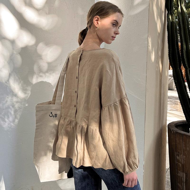Johnature Simple Lantern Sleeve Linen Women Tops Shirts Summer Casusal Solid Color Loose Blouses