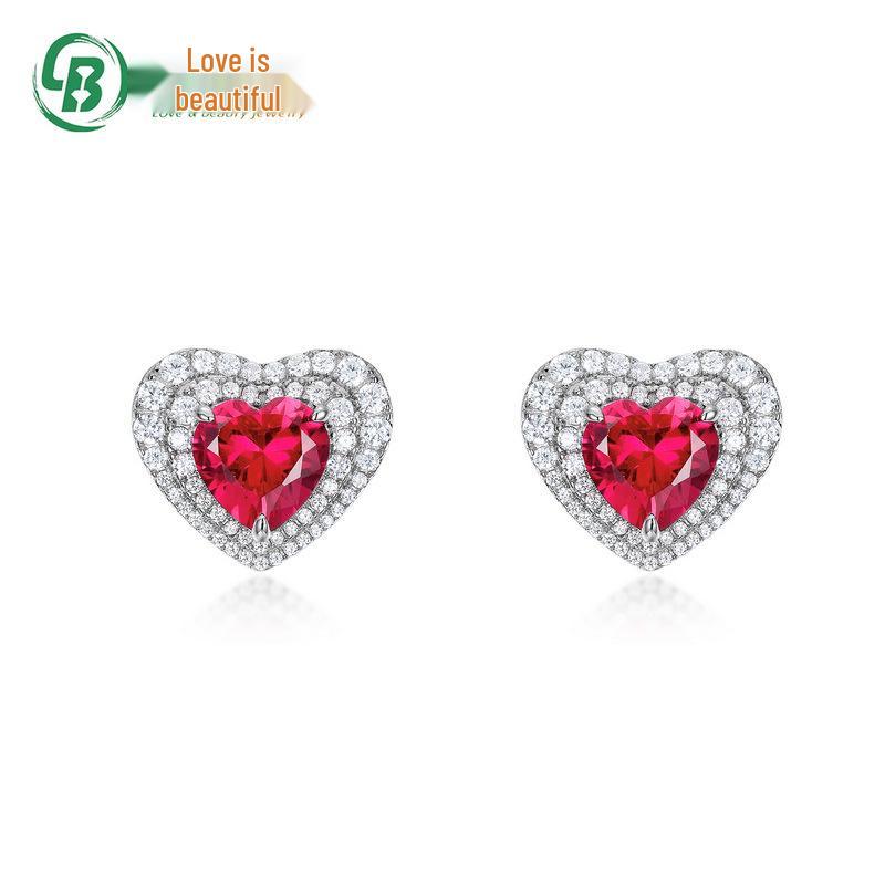 

Роскошные серьги-пусеты с рубинами огранки «сердце», полностью инкрустированные бриллиантами, стерлинговое серебро S925 S925 Silver