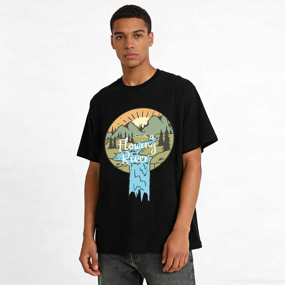 Life Is Like A Flowing River Outdoor Scenery Print Casual Tee Pure cotton T-shirt