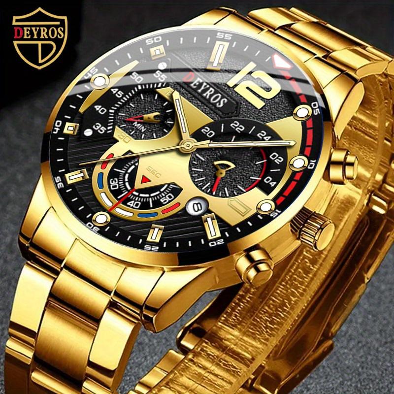 3pcs/set, Fashion Men's Business Calendar Stainless Steel Quartz Watch & Bracelet & Cross Pendant Necklace