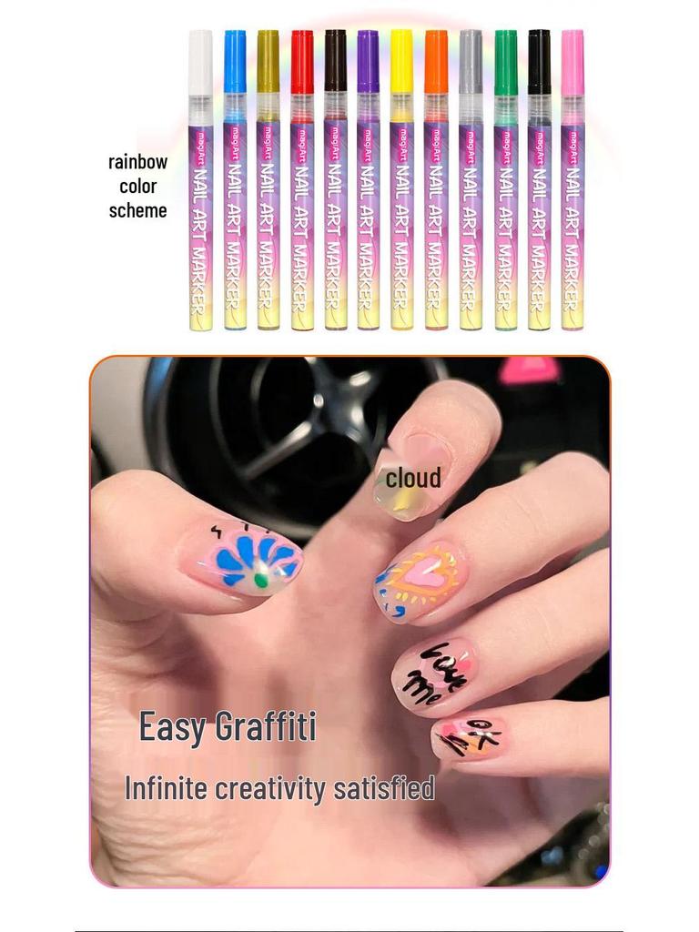 12-Color Acrylic Nail Art Graffiti Pen Set - Quick-Dry for DIY Painting, Dotting, and Outlining