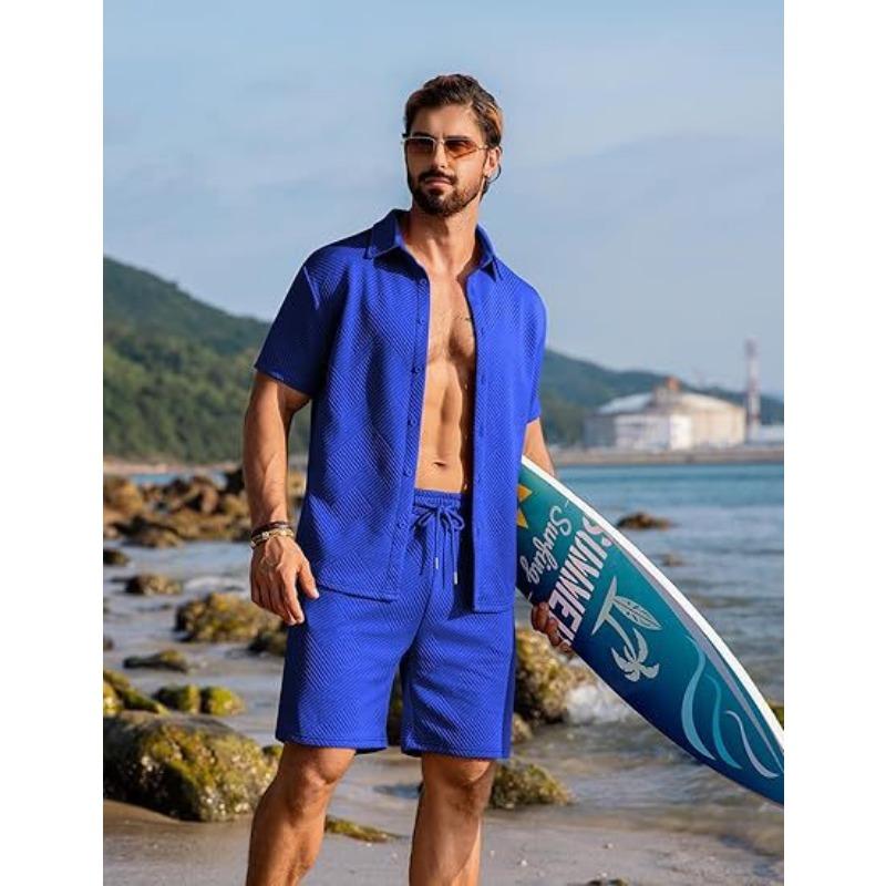 

Men s Black Waffle Knit 2-Piece Set Short Sleeve Shirt & Drawstring Shorts Beach Outfit S синій