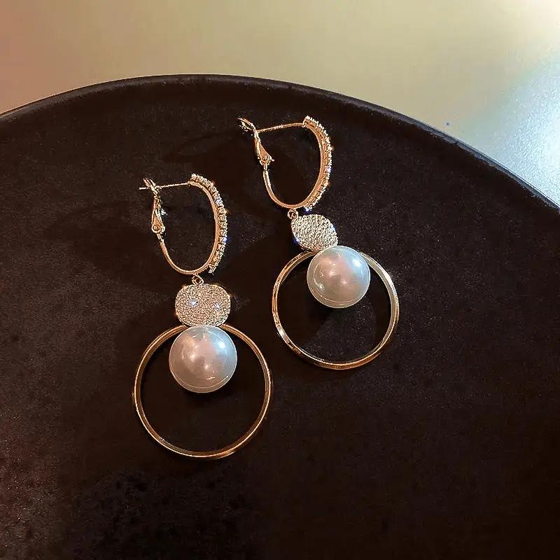 Pearl Circle Trendy Korean French Style Versatile Long Earrings for Women