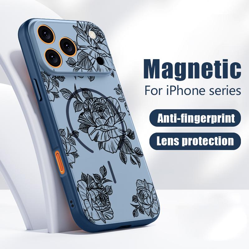 Sketching Rose Flower Pattern Case For iPhone 17 Pro Max Magnetic For Magsafe Hybrid Slim Matte Cover For iPhone 16 15 14 13 Pro Max