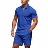Men Waffle Turn Down Collar Polo Short Sleeve Shorts Casual Two Piece Set