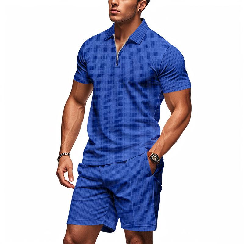 Men Waffle Turn Down Collar Polo Short Sleeve Shorts Casual Two Piece Set