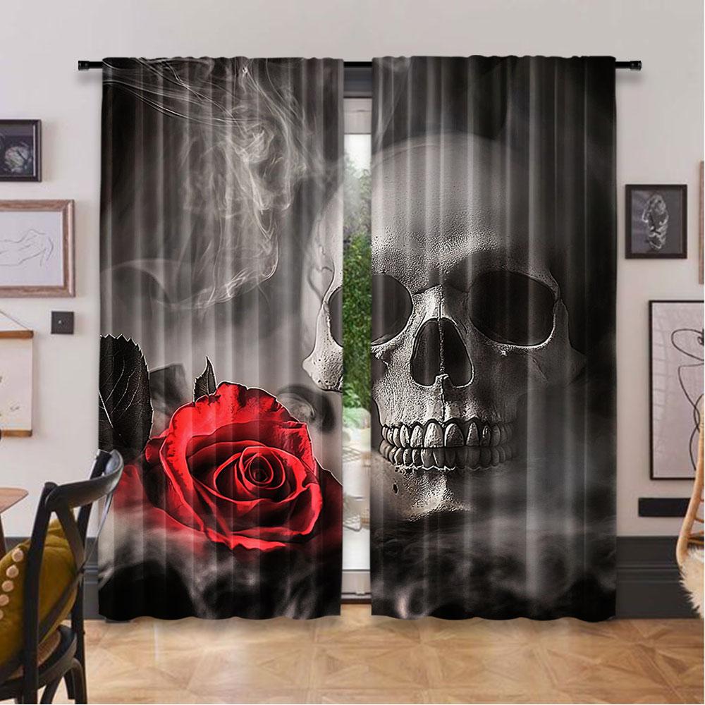 2Pcs Sugar Skull Adult Curtain For Lover Sweetheart Roses Curtains Halloween Curtain Suitable For Living Room Dining Room